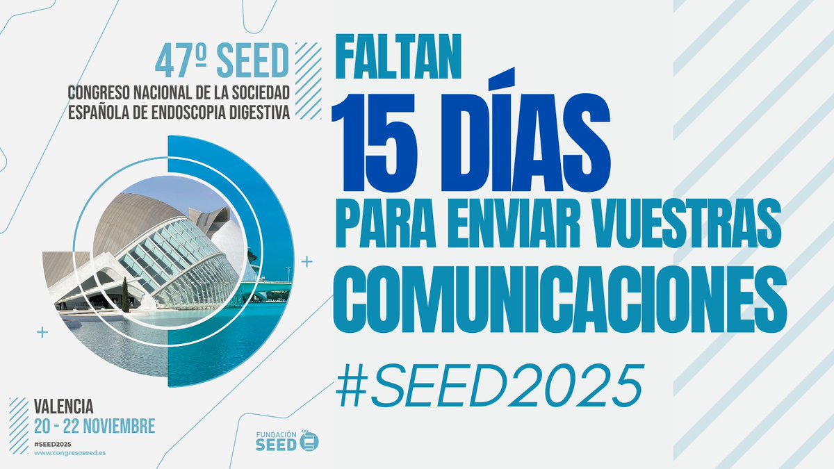SEEDendoscopia's tweet image. 🚨¡FALTAN 15 DÍAS para que podáis enviar vuestras comunicaciones📜a #SEED2025! 🔜Esperamos contar con vuestra presencia y participación en nuestro esperado 47º Congreso 🚀
📍Valencia🌴
📅del 20 al 22 de noviembre 2025
ℹ️Consulta toda la información y normativa de envío en:…