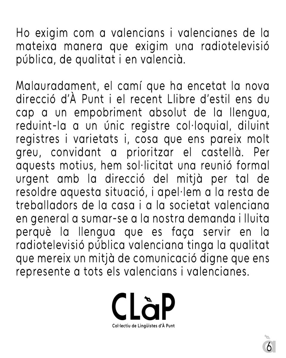 Segona part del comunicat "El Clàp exigim l'obligatorietat dels lingüistes en À Punt". <a href="/apunt_media/">À Punt</a> 
#àpuntenvalencià #lallenguanoestoca #síalvalencià #lingüisteshomologats #CLÀP