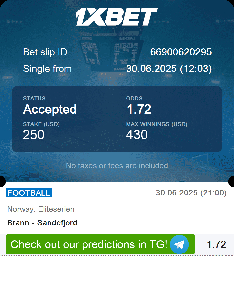 FCBetMaster's tweet image. 🔥 Norway Eliteserien | ⚽ Fest Incoming!
 🇳🇴Brann vs Sandefjord
💰 Potential Win: $430
💵 Stake: $250
📈 Odds: 1.72

Brann's home form + Sandefjord's leaky defense = perfect recipe for goals! Expect fireworks in this clash - more in Bio!

#football #Norway #Eliteserien #Brann…