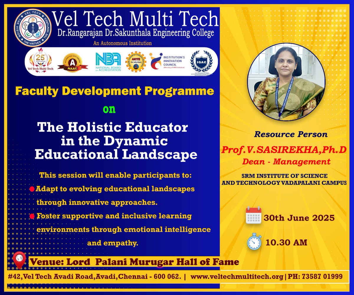 VelMultitech99's tweet image. This program aimed to empower faculty with innovative approaches, promoting student-centered learning and faculty development to enhance teaching practices and institutional quality.
.
.
.
.
#vtmt #veltechmultitech #veltech #multitech