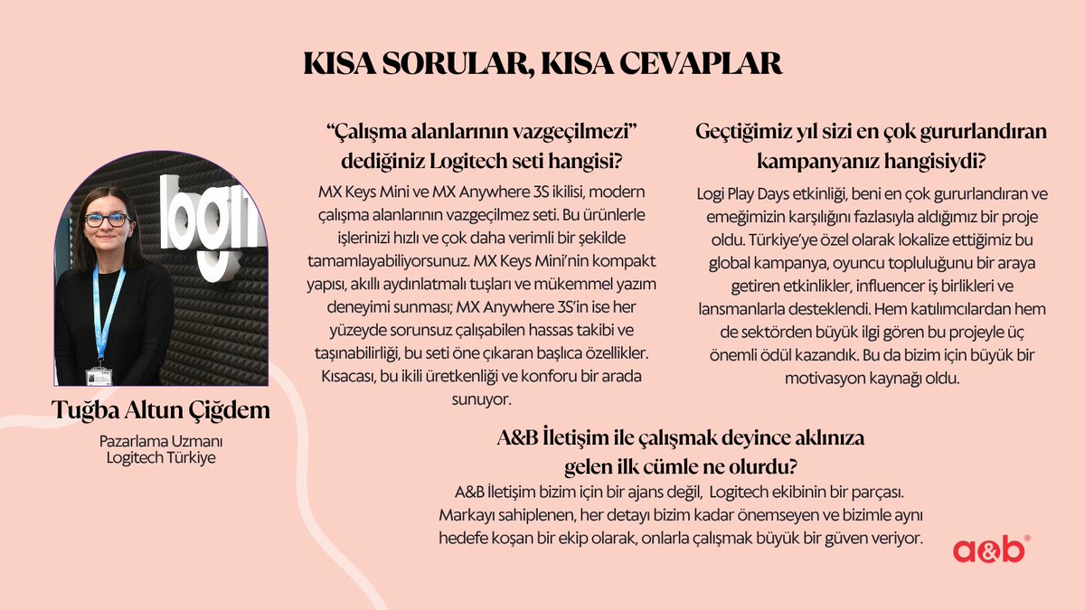 🎤 Kısa Sorular, Kısa Cevaplar

Mikrofonumuzu Logitech Türkiye Pazarlama Uzmanı Tuğba Altun Çiğdem'e uzattık. 

✨Logitech Türkiye ile birlikte çalışmaktan, birlikte üretkenliği ve yeniliği destekleyen projelere imza atmaktan mutluluk duyuyoruz! 
#ABİletişim