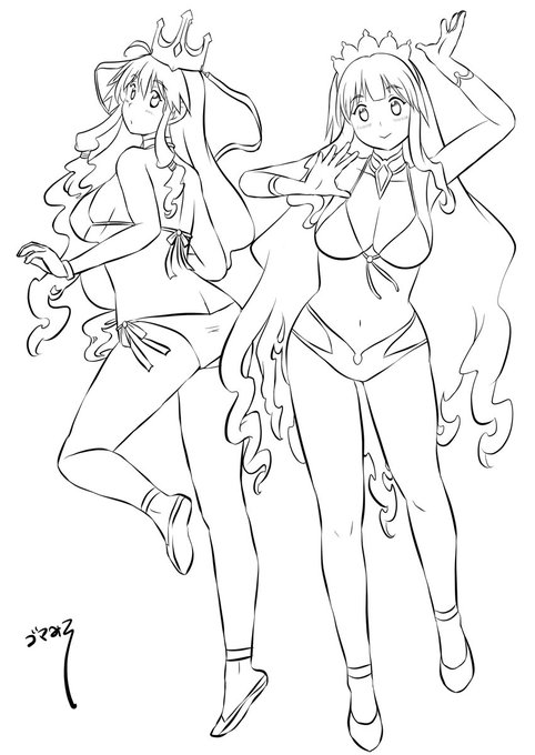 過去に描いたうちの子アンドゥルメダ姫ビキニ👑👙と
ガチピンさんちのミレーヌさんビキニ👙です☺️ 