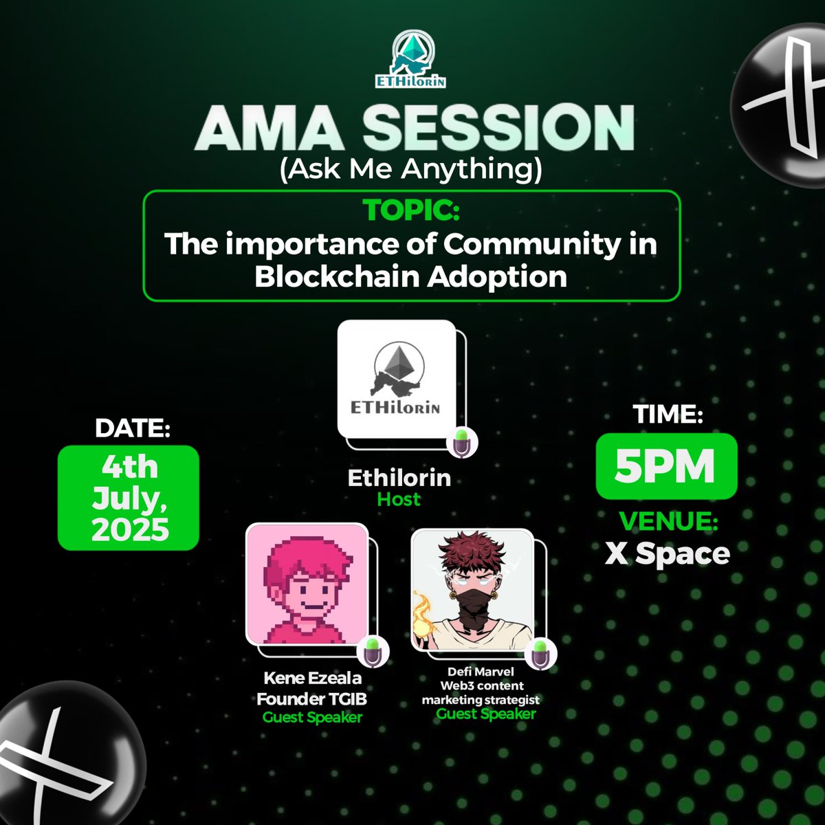ETHIlorin (@ethereumilorin) on Twitter photo 🚨 ETHilorin AMA Session
🗓 4th July 2025
5PM WAT
📍 X Space
Join us as we host:
🎙 <a href="/KeneEzeala/">Kene ∞ ꕤ 💥</a> (Founder, TGIB)
🎙 <a href="/Defimarvel01/">Defi Marvel💎</a> (Web3 Content Strategist)
Let’s explore how strong communities drive Web3 growth. Don’t miss it! 🚨 ETHilorin AMA Session
🗓 4th July 2025
5PM WAT
📍 X Space
Join us as we host:
🎙 <a href="/KeneEzeala/">Kene ∞ ꕤ 💥</a> (Founder, TGIB)
🎙 <a href="/Defimarvel01/">Defi Marvel💎</a> (Web3 Content Strategist)
Let’s explore how strong communities drive Web3 growth. Don’t miss it!