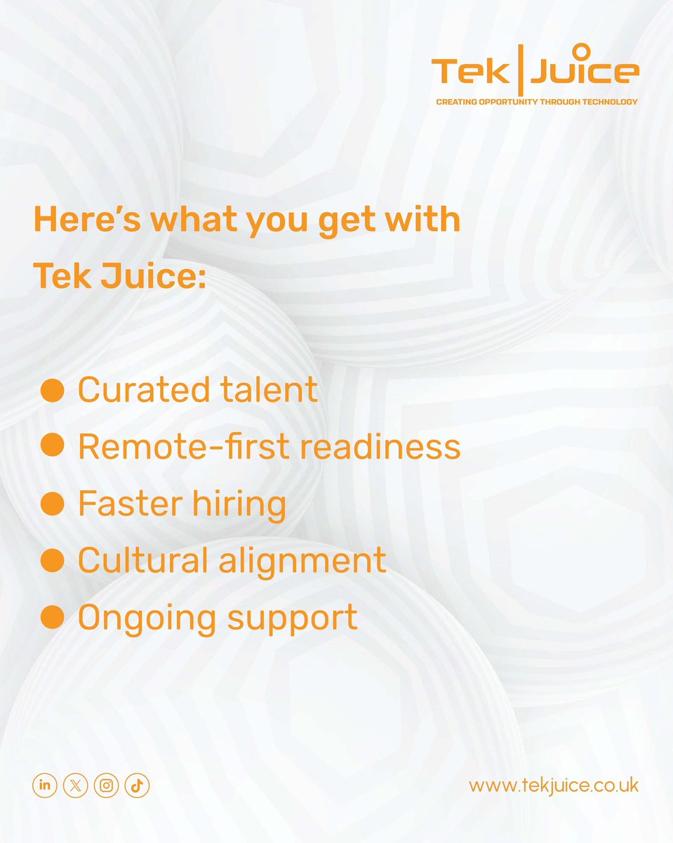 Whether you're building your first product or scaling your team, finding the right people shouldn't slow you down. That’s where we come in.

Partner with Tek Juice. Let’s place potential where it belongs.