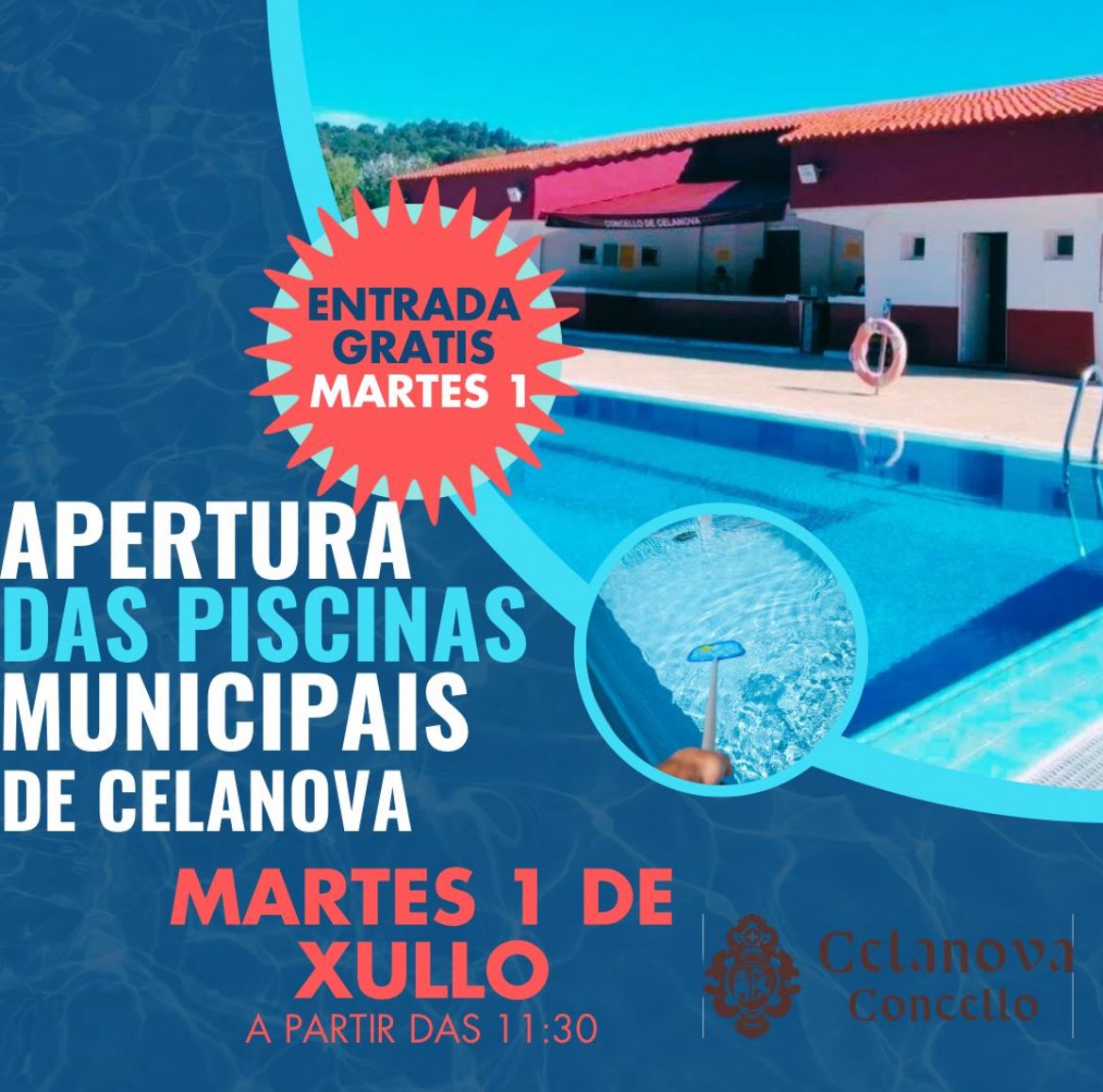 🏊🏽🏊🏽APERTURA PISCINAS MUNICIPAIS CELANOVA 🏊🏽🏊🏽
*MARTES 1 DE XULLO*
DENDE AS 11:30 HORAS
🎟️Martes 1 de xullo entrada de balde.