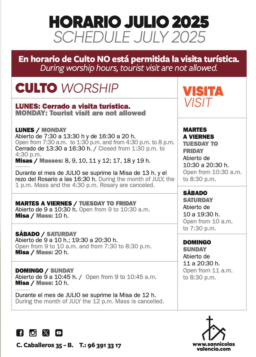 Compartimos con vosotros los horarios de culto y de visita turística para el próximo mes de julio.  Más información: sannicolasvalencia.com/horarios/