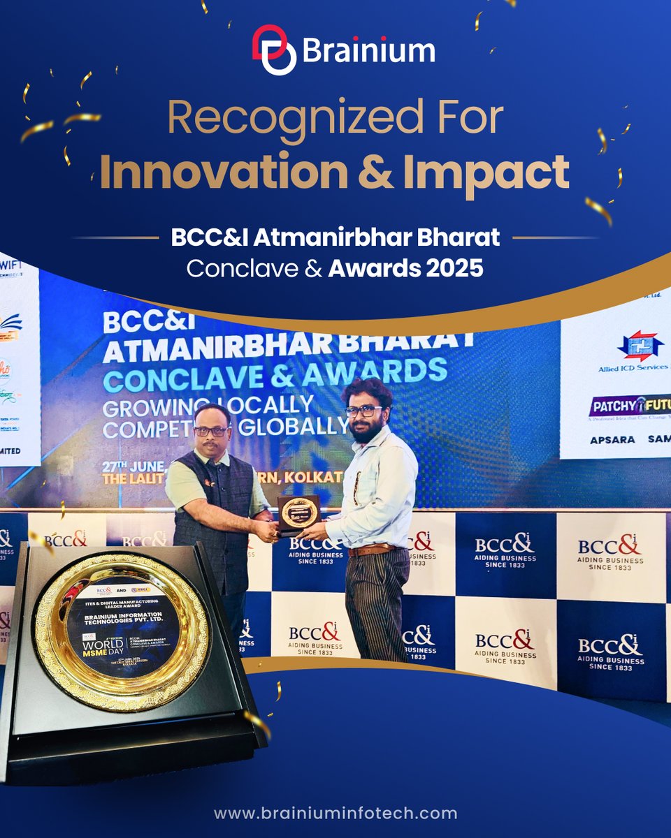 BrainiumIT's tweet image. Big win alert!
Brainium has bagged an award at the BCC&I Atmanirbhar Bharat Conclave & Awards 2025, held in celebration of World MSME Day on June 27.
This recognition is a nod to the impact we’re making as a future-ready MSME.
#IdeateImplementSucceed #Brainium #MSMEDay