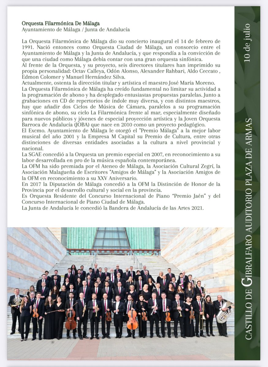 El próximo jueves 10 de julio a las 22 horas en el Castillo de Gibralfaro de Málaga concierto extraordinario junto a la magnífica Orquesta Filarmónica de Málaga con un programa espectacular dentro del ciclo Julio Musical 2025 organizado por el ayuntamiento de la localidad.