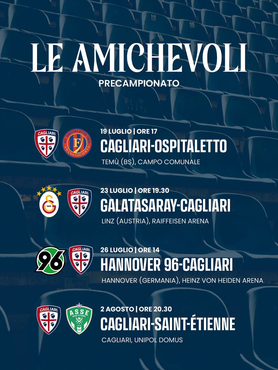Il precampionato del Cagliari 📆

Queste le nostre amichevoli 🔴🔵👇