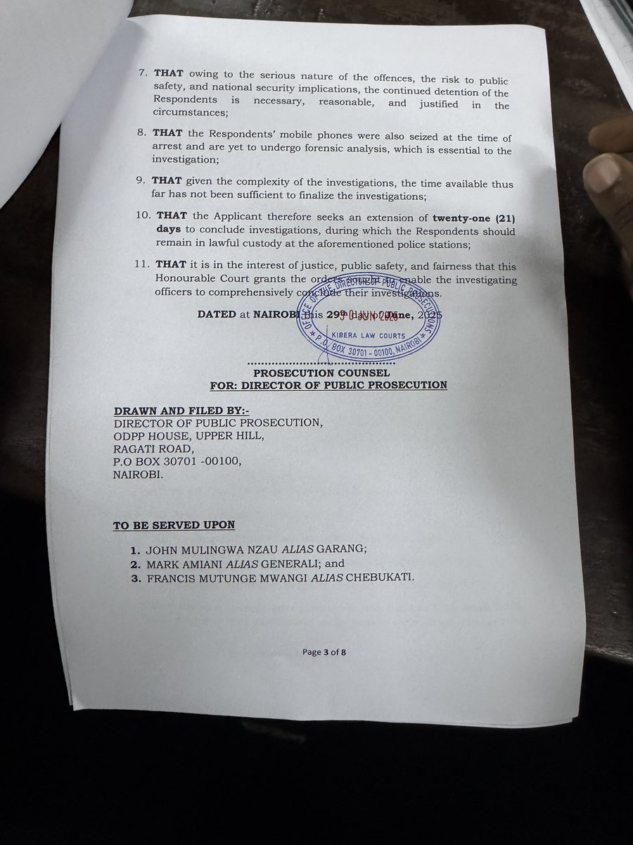 Muthaiga 3 Case:

Accused have been brought before a packed court room at the Kibera Law Courts.

Prosecution is asking for 21 days to complete investigations.