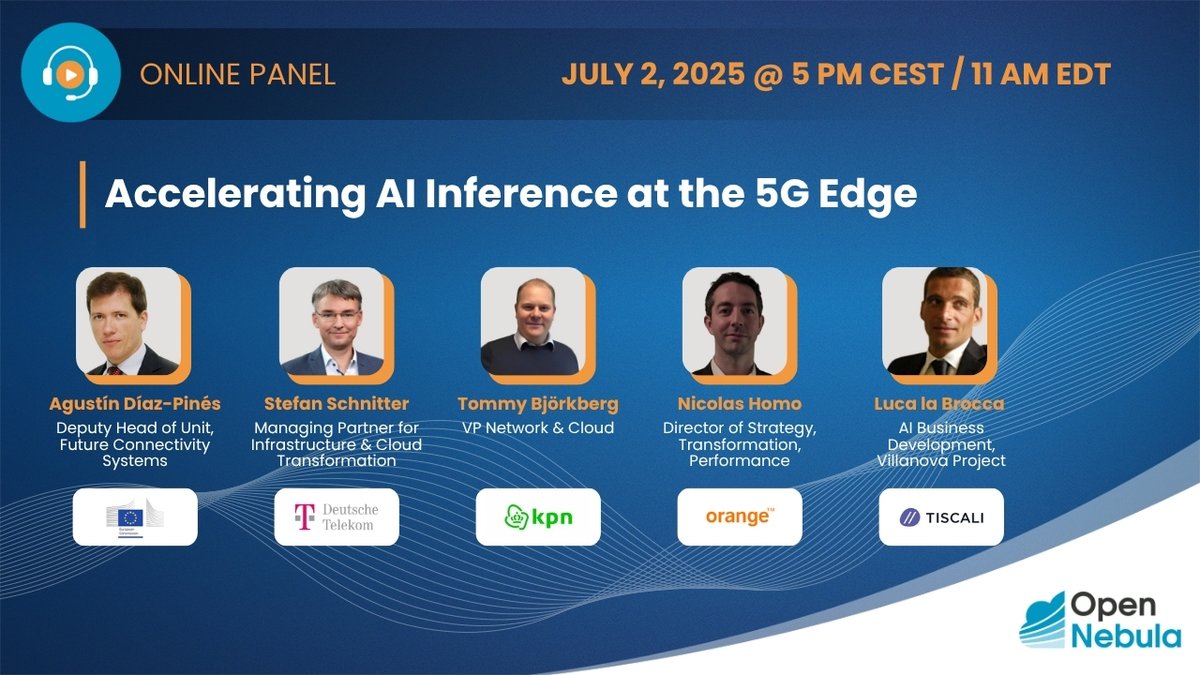 🚨 Final call to register! Join industry experts from the <a href="/EU_Commission/">European Commission</a>, @Detecon (@DeutscheTelekom), <a href="/KPN/">KPN</a>, @Orange, and Tiscali for a live panel on building scalable, multi-tenant AI infrastructure at the 5G edge!

Don’t miss out—register now: hubs.ly/Q03v8SgX0

#AI #5G