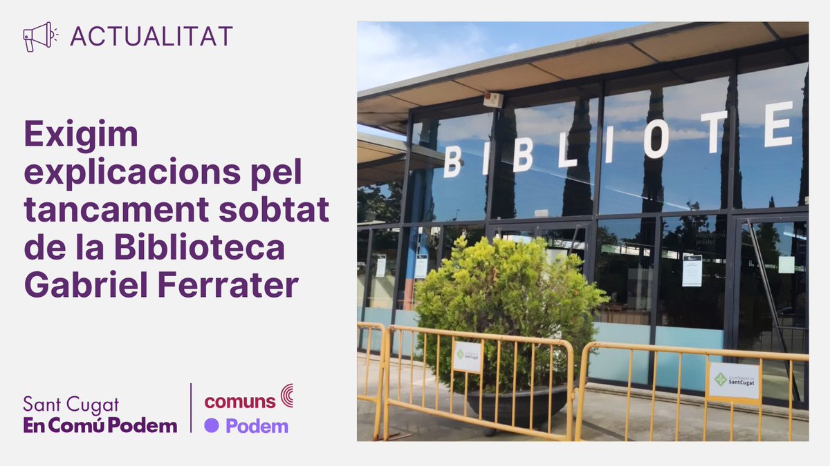 📖 En plena Festa Major l'equip de govern va tancar la Biblioteca Gabriel Ferrater.
🏚 La Biblioteca es cau a trossos i no es pot garantir la seguretat...
😤 #SantCugat mereix uns espais culturals segurs, accessibles i ben mantinguts!
santcugatencomupodem.cat/blog/2025/06/3…