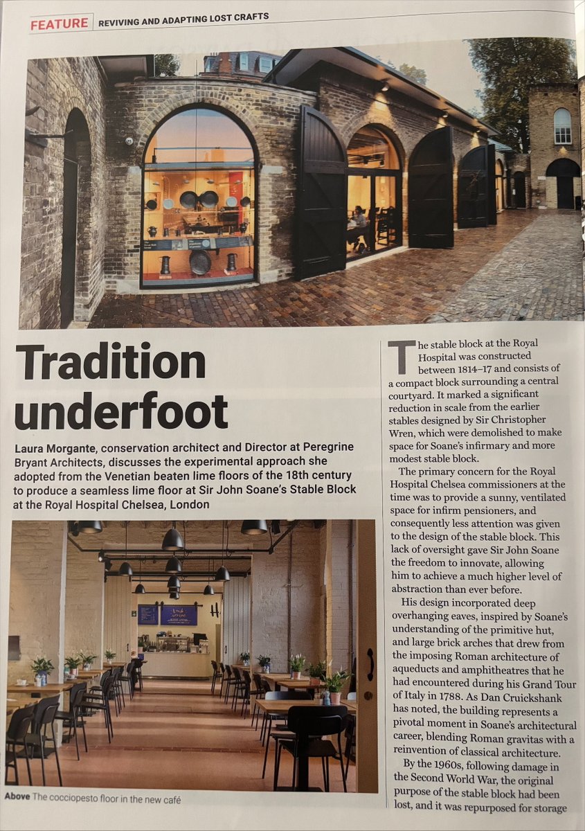 PBArchitecture's tweet image. We’re proud to see Director Laura Morgante featured in the SPAB Magazine (Summer 2025), writing on our recent work introducing seamless lime floors at the Royal Hospital Stable Block, Chelsea.