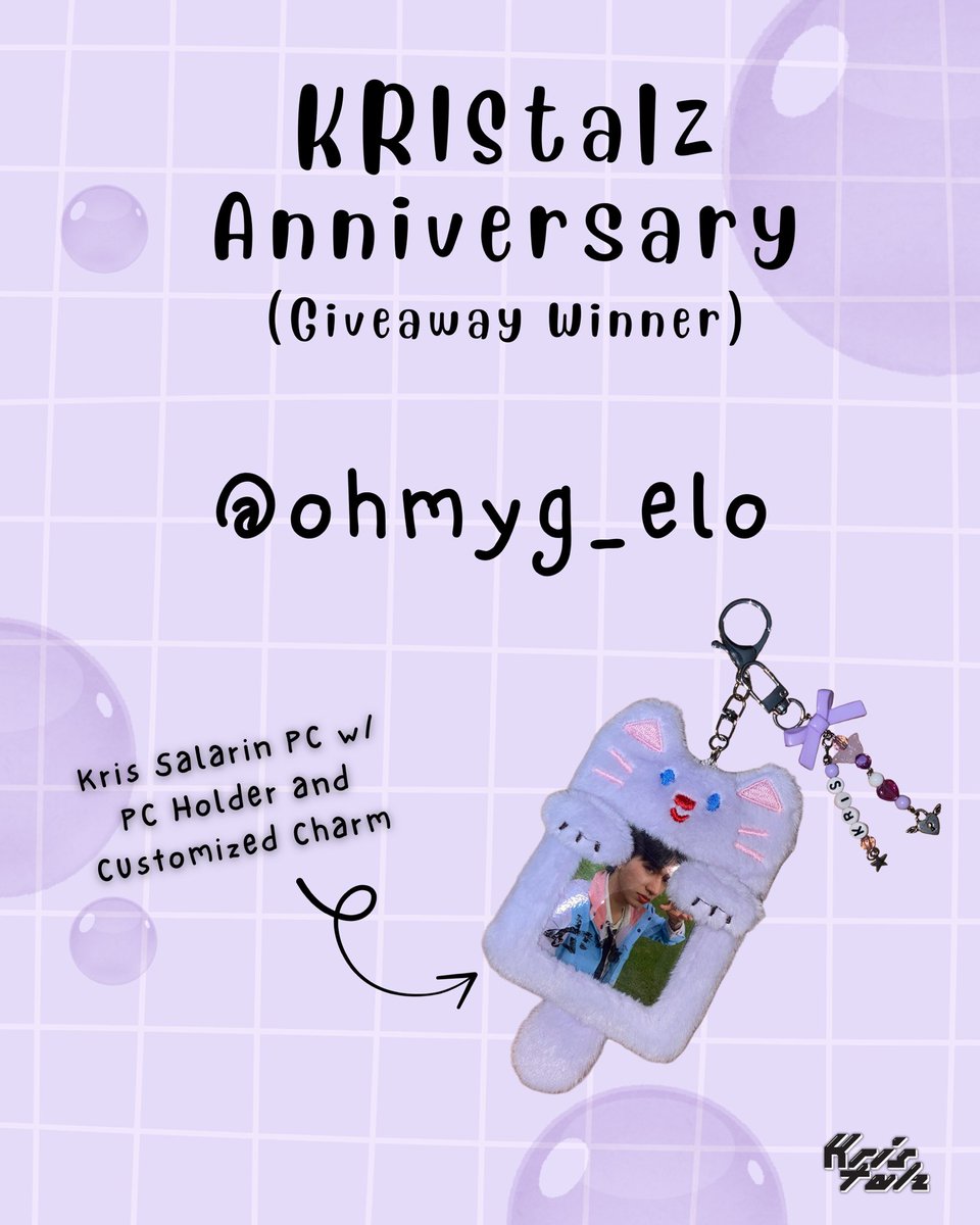 🎉Congratulations, <a href="/ohmyg_elo/">Angelo</a> !!
You won a Kris Salarin PC with PC Holder and a Customized Charm✨

We hope this makes your Kris-filled day even brighter. 🌟

Thank you for celebrating with us, KRIStalz! 💜

One KRIStacular Year
#GenZix_Kris #GenZix #1YearWithKris