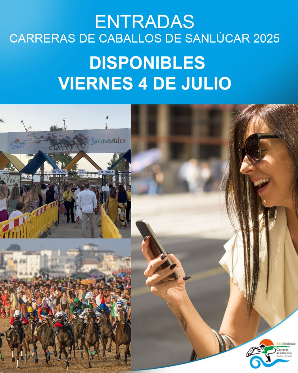 🙌 🙌 🙌🙌 Ya tenemos fecha para que compres tus entradas para LAS CARRERAS DE CABALLOS DE SANLÚCAR 2025, en nuestras instalaciones de Las Piletas.

Habrá un nº de entradas limitadas por día, ¡¡así que no te quedes sin la tuya!!

carrerassanlucar.es