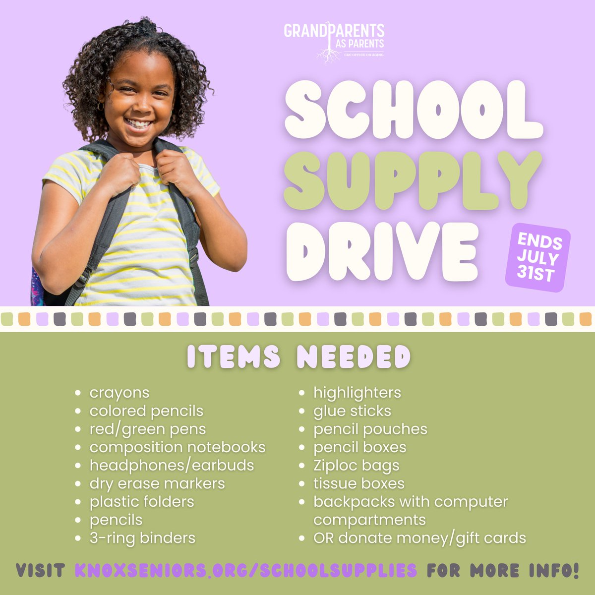 The Grandparents as Parents school supply drive will be going throughout the entire month of July! For more information, visit knoxseniors.org/schoolsupplies. #GAPTipTuesday