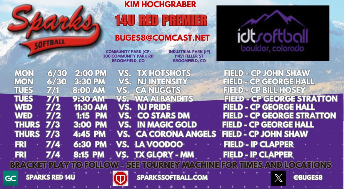 Here is our teams schedule for Colorado, Super exited to play, come and watch my team and me play!