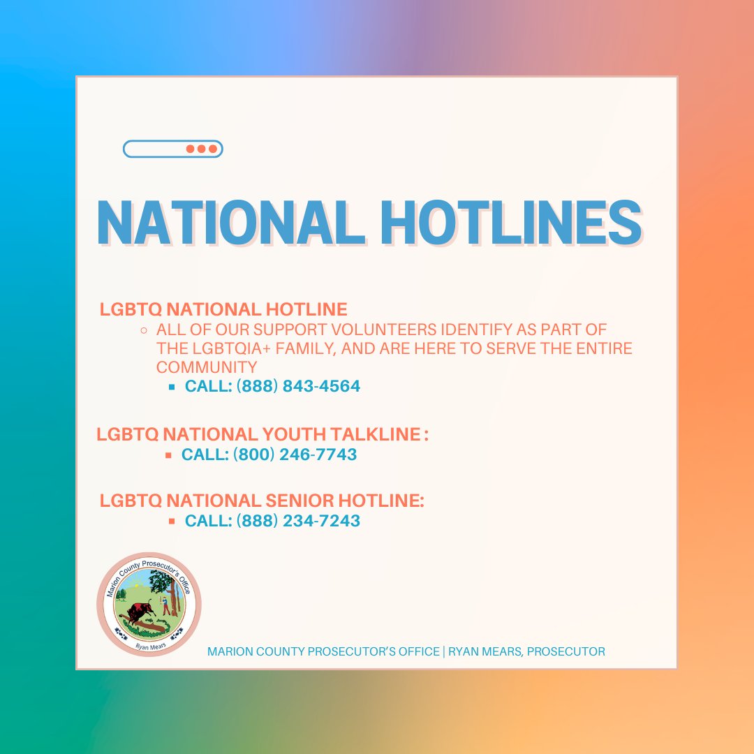 As #PRIDEMONTH🌈 comes to a close, the work to support our LGBTQIA+ neighbors does not stop here!

If you, a loved one, or friend is in need of support – check out these support hotlines.

Visit bit.ly/3Glivx9 for a list of more LGBTQ+ support hotlines and resources.