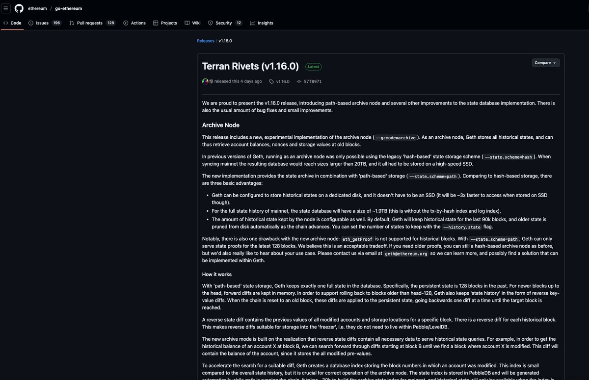 Dat Duong (@thedevcapital) on Twitter photo Terran Rivets (v1.16.0). It enables faster historical state storage on SSD (~3x speed boost), defaults to 128 blocks, and allows customization. A game-changer for archive nodesโtest it out and share feedback at geth@ethereum.org! #Ethereum #Geth #TerranRivets Terran Rivets (v1.16.0). It enables faster historical state storage on SSD (~3x speed boost), defaults to 128 blocks, and allows customization. A game-changer for archive nodesโtest it out and share feedback at geth@ethereum.org! #Ethereum #Geth #TerranRivets