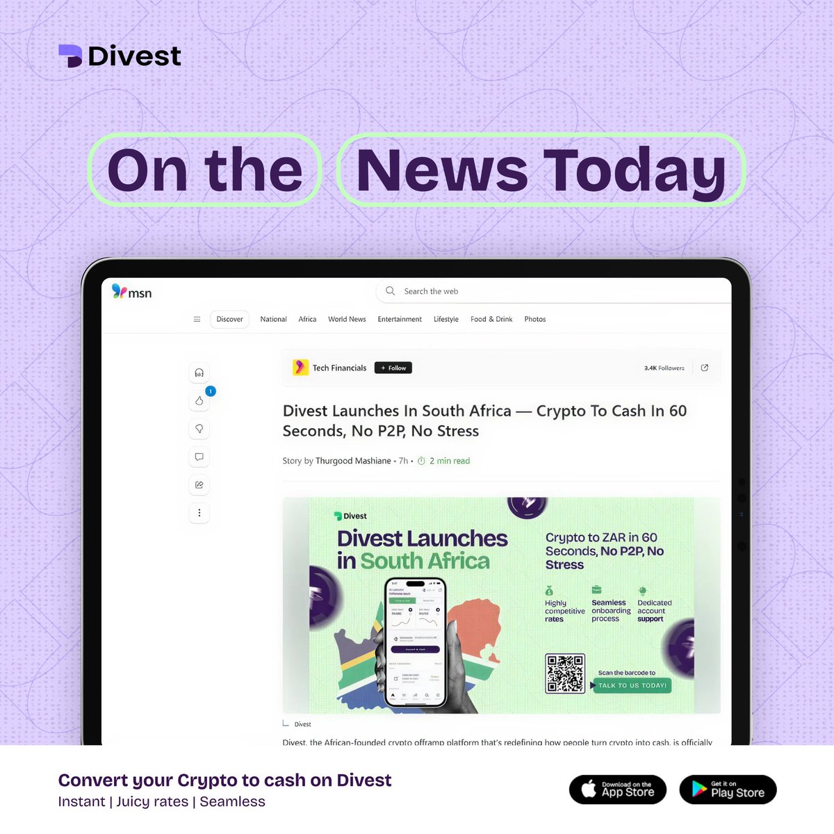 We’re on the news today — and for good reason. 🥳

Divest expands to South Africa, bringing seamless crypto-to-cash experiences to even more users! 🚀

From fast transactions to unbeatable rates, we’re bringing our A-game to Mzansi 🇿🇦

Let’s make history together. 💪🏾

cc: