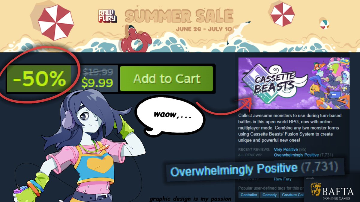 🚨 CASSETTE BEASTS -
50% OFF ON THE STEAM SUMMER SALE 🚨

📼 Our BAFTA-nominated monster collecting RPG
📼 95% Positive rating on Steam
📼 A whole bunch of content updates since launch
📼 Online multiplayer with crossplay!

Let this HIGH QUALITY PROMO GRAPHIC convince you: