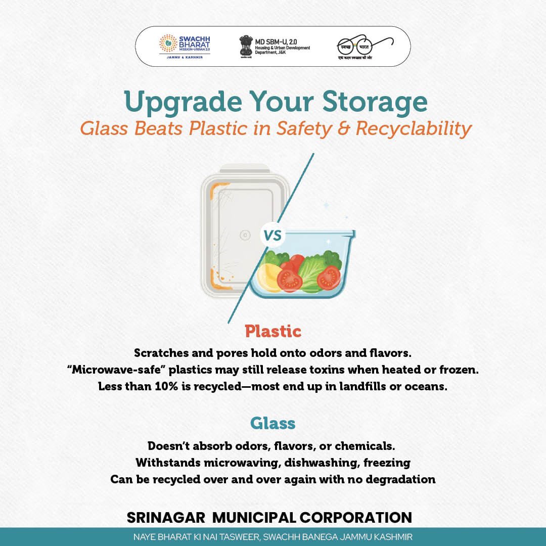 SMC_Srinagar's tweet photo. Upgrade your storage: Choose Glass over Plastic 💡
✅ Safer, toxin-free, endlessly recyclable
❌ Plastic traps odors, leaches toxins, rarely recycled

#GoGreen #SustainableLiving #DitchPlastic
@FazLulhaseeb https://t.co/Q8dZo4bdRM