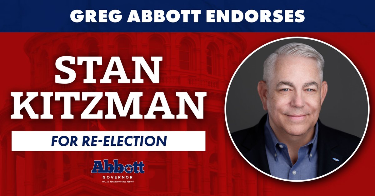 AbbottCampaign's tweet image. 🚨NEW: Governor @GregAbbott_TX endorses @StanKitzmanTX for re-election to House District 85.
Rep. Kitzman has stood firm for border security, property tax relief, and school choice.
Texans in HD 85 can trust Rep. Kitzman to deliver once again!