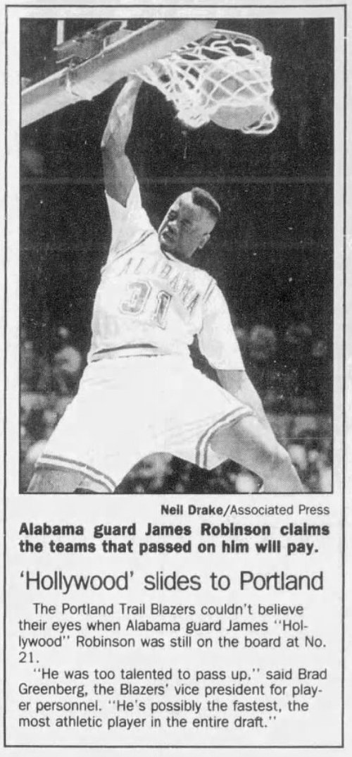 77Blazers's tweet photo. June 30, 1993 - The @trailblazers selected #JamesRobinson of @UofAlabama and #KevinThompson from @NCState
Robinson, who was selected with the 21st pick in the @NBA Draft, averaged 20.6 points per game for @AlabamaMBB. Nicknamed "Hollywood," he set an #Alabama record by scoring 20 or more points in 12 straight games and became the first player in #CrimsonTide history to surpass 1,500 career points, finishing with 1,831 in his 3 seasons.
Thompson, who was selected with the 48th pick by the #Blazers, averaged 15.5 points and 9.1 rebounds for the @PackMensBball.
#RipCity #ThisDateinBlazersHistory #OTD