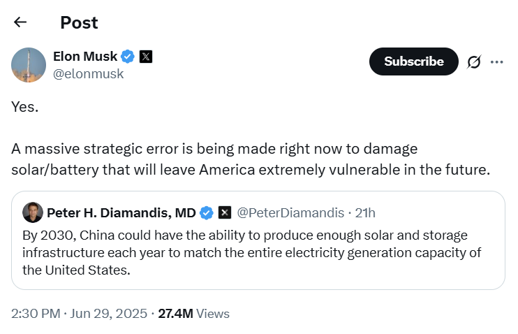 In American history, we have never seen a president who is more clueless about the where the word is headed with energy. Trump's "Big Beautiful Bill" is so fucking bad for America, if it is passed, China's lead in solar/battery technology might be insurmountable. The only reason