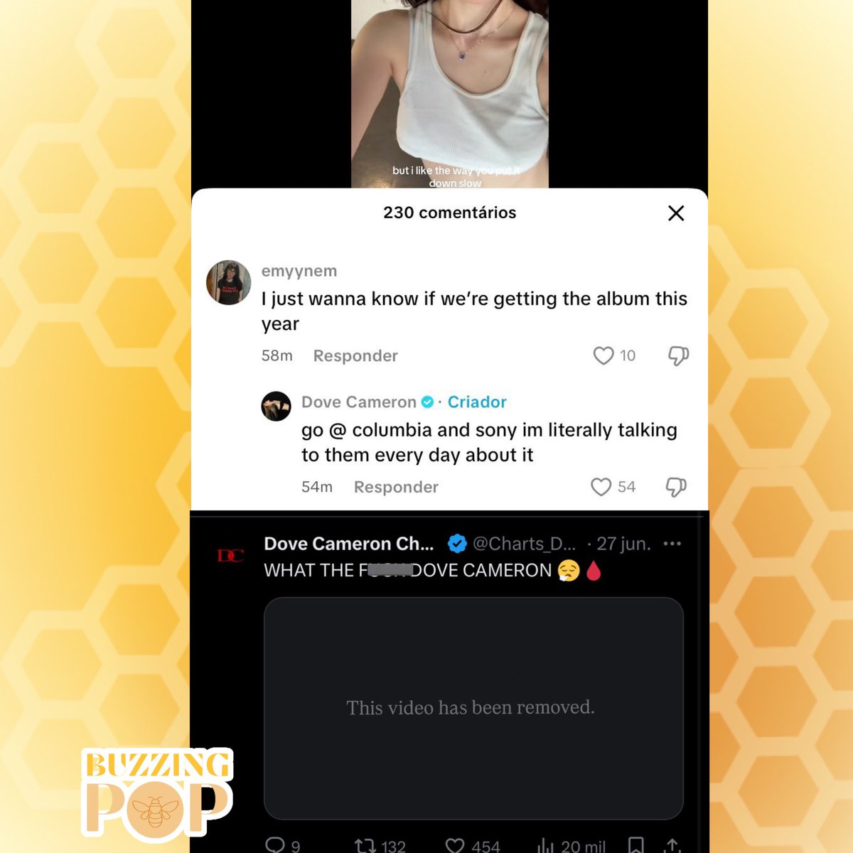 Dove Cameron reveals her record label is allegedly blocking her album release after a fan asked about it. 

Her fan page also received a copyright strike from the label following her comments.