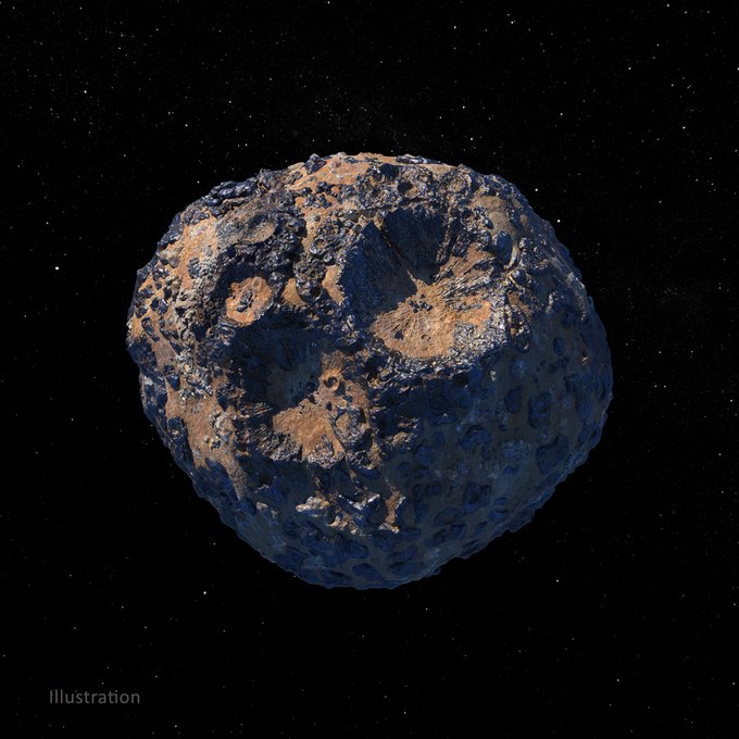 An illustration of the 140-mile-wide (226-kilometer-wide) asteroid Psyche, which lies in the main asteroid belt between Mars and Jupiter. Rendered in shades of gray and rusty brown, the image shows a rugged, textured surface pockmarked by impact craters and ridges. Set against the dark expanse of space, Psyche appears roughly spherical but uneven. Credit: NASA/JPL-Caltech