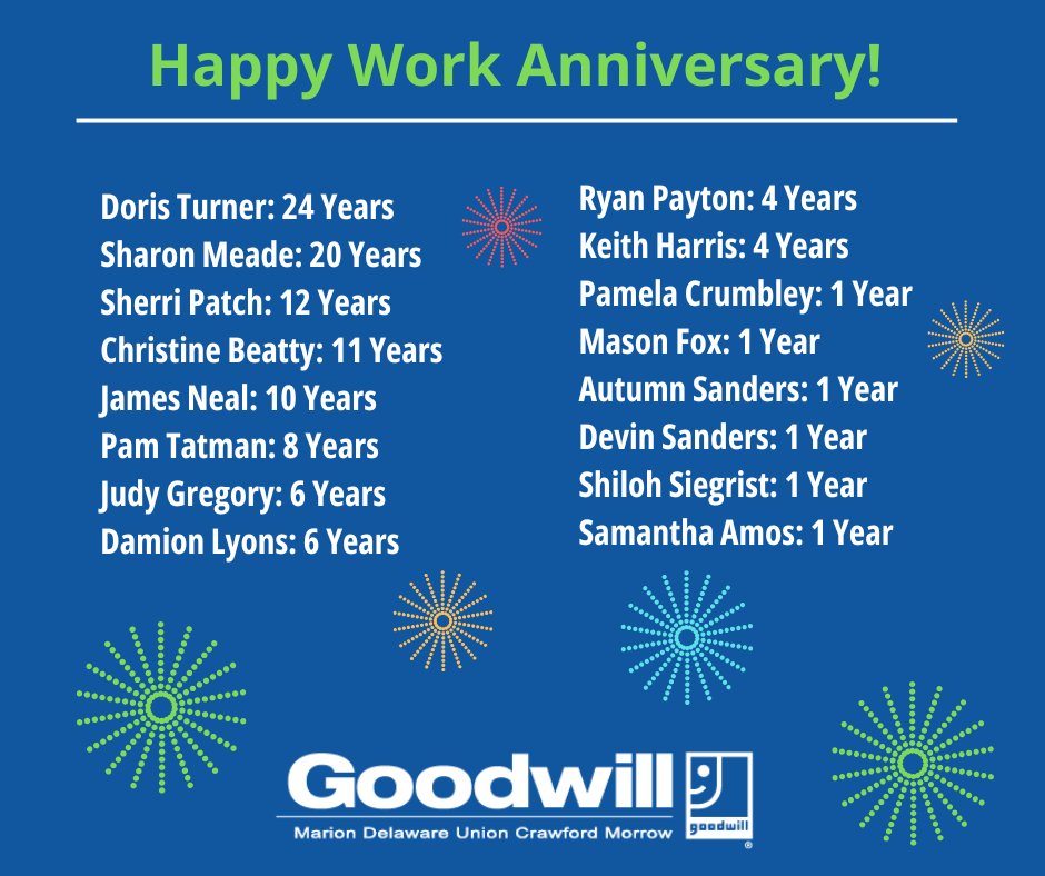 MarionGoodwill's tweet image. 🎉 Congratulations to our team members celebrating work anniversaries in July! We’re grateful for your dedication, hard work, and the impact you make every day. Thank you for being such an important part of the Goodwill team! 💙
#WorkAnniversary #TeamGoodwill