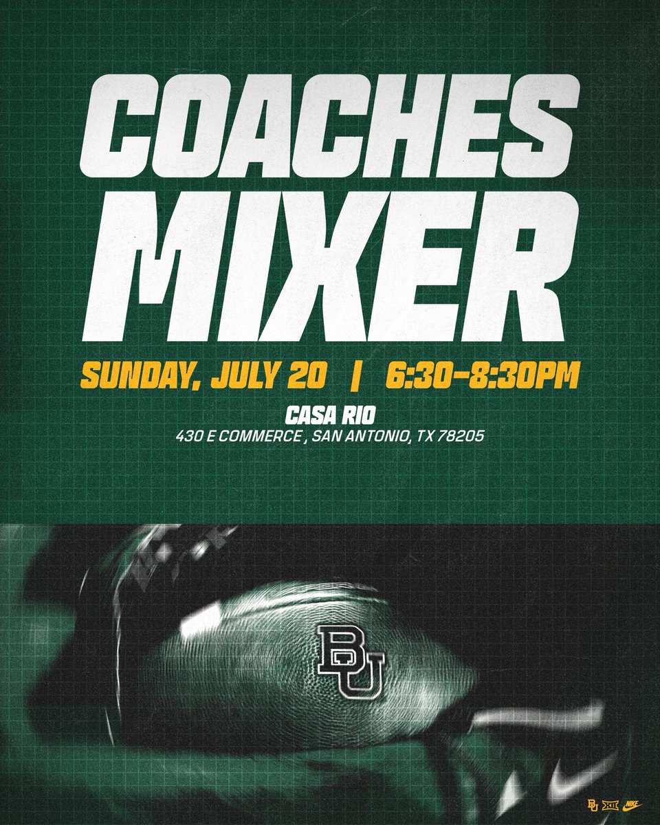🚨Baylor Alumni🚨

Come join us at Casa Rio during the THSCA convention for our annual Coaches Mixer‼️

RSVP 👇🏿👇🏻
baylorbea.rs/3HYVjFi