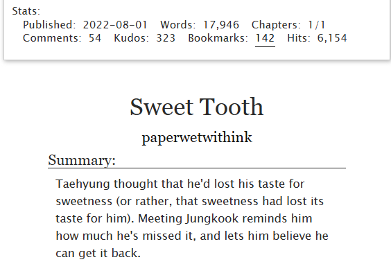 kookvficrec's tweet photo. [FIC REC]🌟
⋆ sweet tooth • @paperwetwithink 

⇾ explicit, kv | 17,946

⇾ strangers to lovers
⇾ angst • fluff • hurt/comfort
⇾ baker jjk, publisher kth

⭒ https://t.co/N8bSJXTFck https://t.co/ZXBxUC7vmO