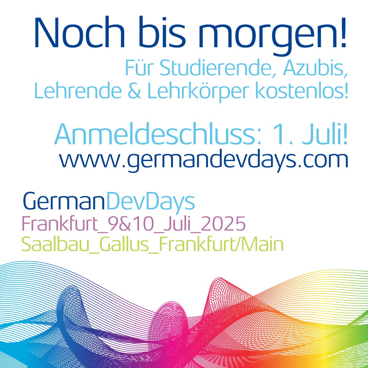 Da wir einige Anfragen bekommen haben, verlängern wir die Anmeldefrist bis morgen Abend. Dann isch aber over! #GDD2025 #GermanDevDays -&gt; germandevdays.com