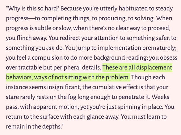 Packy McCormick (@packym) on Twitter photo Something I'm worried about with AI is that it is the final boss of what <a href="/andy_matuschak/">Andy Matuschak</a> calls "displacement behaviors, ways of not sitting with the problem."
I see it in my own writing process. If I'm stuck, I'll just go over to ChatGPT or Claude and ask about something instead Something I'm worried about with AI is that it is the final boss of what <a href="/andy_matuschak/">Andy Matuschak</a> calls "displacement behaviors, ways of not sitting with the problem."
I see it in my own writing process. If I'm stuck, I'll just go over to ChatGPT or Claude and ask about something instead