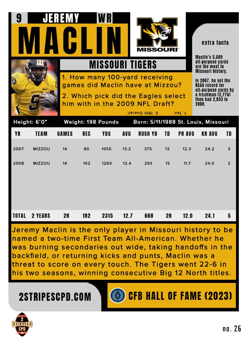 2StripesCPD's tweet image. Jeremy Maclin was a threat to take it to the house whenever he had the ball 🔥
@jmac___19 | @MizzouFootball