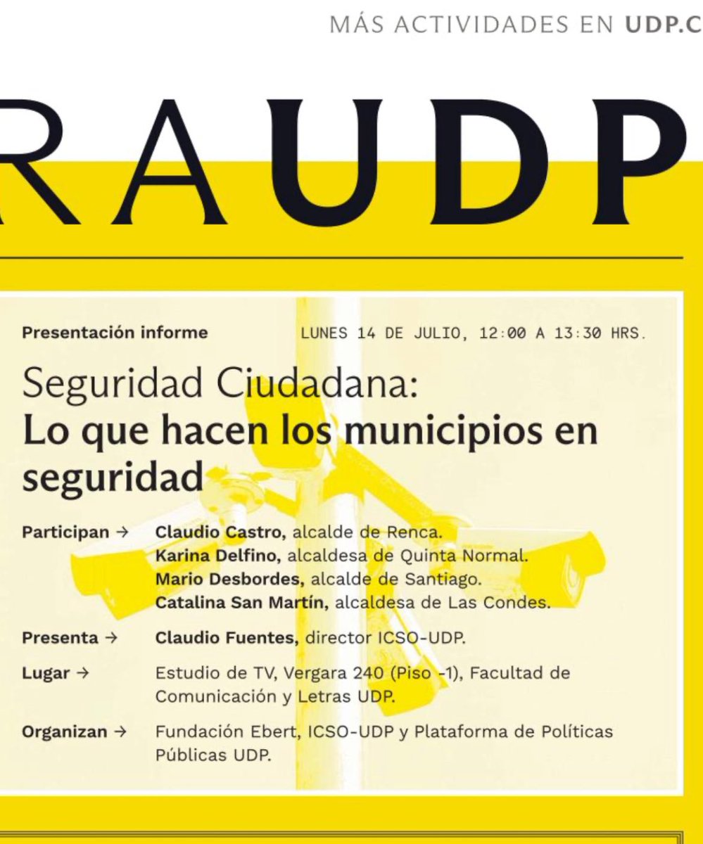 Claudio Fuentes S. (@profeclaudio_cl) on Twitter photo Agenden, 14 de julio, presentaremos informe sobre seguridad municipal, 4 alcaldes comentando iniciativas de seguridad municipal.
Tema clave para el futuro de Chile 👇🏾
<a href="/icsoUDP/">ICSO UDP</a> <a href="/desbordes/">Mario Desbordes Jiménez</a> <a href="/karydelfino/">Karina Delfino Mussa</a> <a href="/catasanmartinlc/">Cata San Martín Las Condes</a> <a href="/cn_castro/">Claudio Castro Salas</a> Agenden, 14 de julio, presentaremos informe sobre seguridad municipal, 4 alcaldes comentando iniciativas de seguridad municipal.
Tema clave para el futuro de Chile 👇🏾
<a href="/icsoUDP/">ICSO UDP</a> <a href="/desbordes/">Mario Desbordes Jiménez</a> <a href="/karydelfino/">Karina Delfino Mussa</a> <a href="/catasanmartinlc/">Cata San Martín Las Condes</a> <a href="/cn_castro/">Claudio Castro Salas</a>