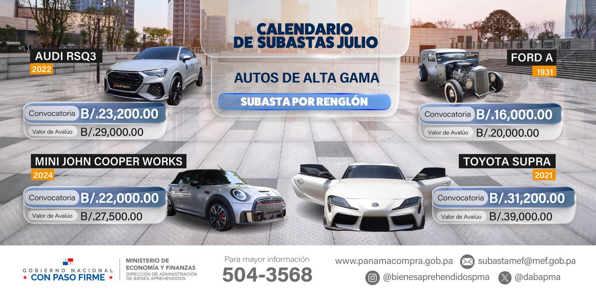 Subastas públicas de vehículos del mes de julio.

✅ Cierre de inscripción: 4 de julio de 2025, 3:00 p.m.

✅ Subasta: 9 de julio de 2025, 9:00 a.m.

✅ Pliego en panamacompra.gob.pa

✅ Acto No. 2025-0-16-0-07-SB-020623

Información: 📞504-3568
#Subastas #ConPasoFirme