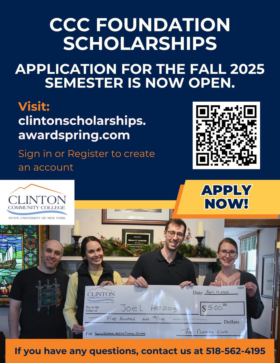 ⏳ Last chance, Clinton students! This is the final week to apply for CCC Foundation Scholarships for Fall 2025.

💻 Apply now at: clintonscholarships.awardspring.com
📅 Deadline: Friday, July 4th

Don't miss out on this opportunity!