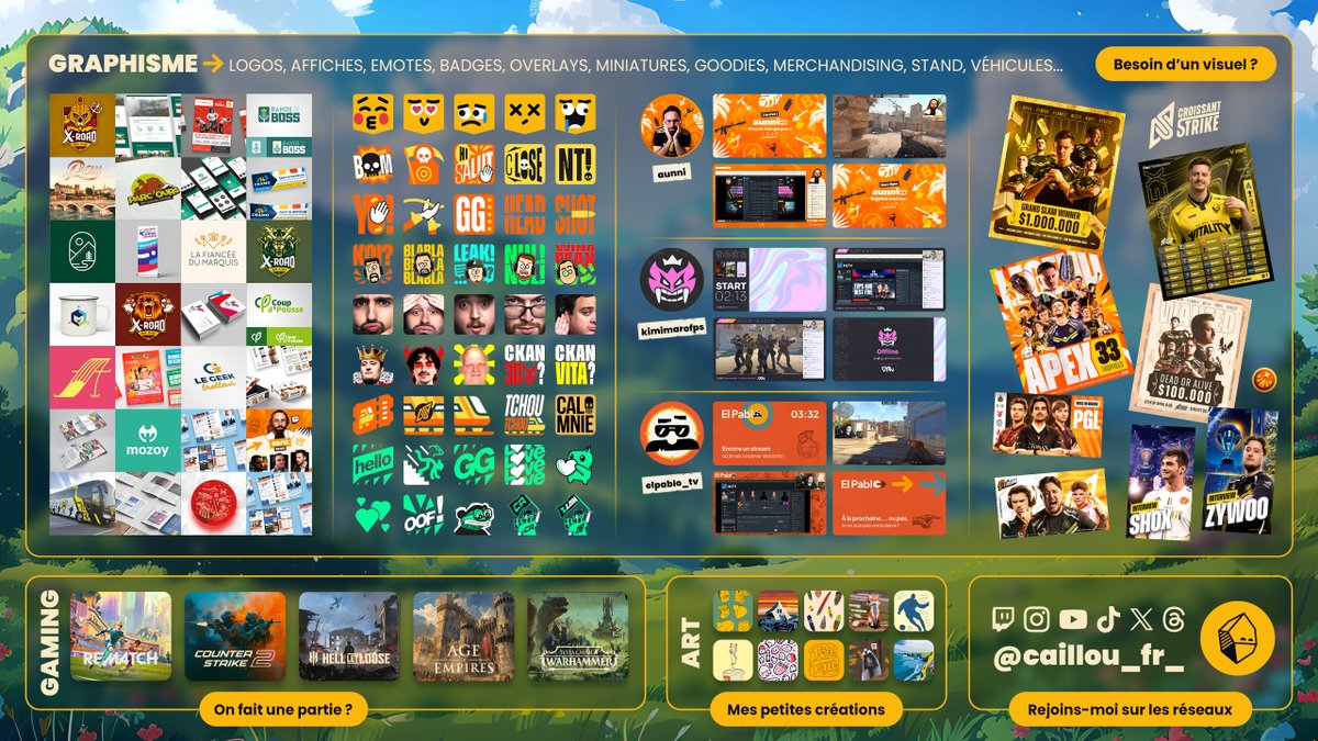 🟡 Hello ! Je suis Caillou
🎮 Graphiste, artiste &amp; streamer
Je crée des identités visuelles, overlays, miniatures, affiches…
Sur Twitch, je streame du gaming et de l’illustration, juste pour le plaisir.
✏️ Besoin d’un graphiste ou envie de franchir un cap ? Écris-moi 🫶
