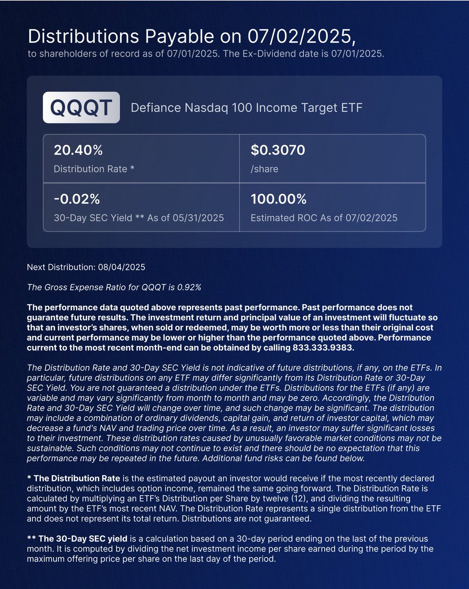 #DefianceETFs Announces Monthly Distribution on $QQQT (20.40%)

For standardized performance and other important information visit defianceetfs.com/qqqt/#etfs-pag…. For the Prospectus visit defianceetfs.com/qqqt/prospectus