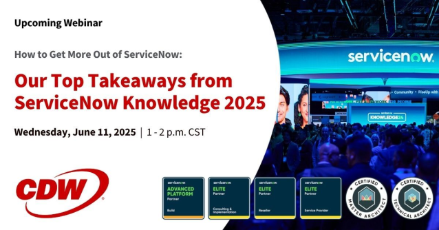 kacirailey's tweet image. How can what our experts learned at #K25 help you achieve better business outcomes with @ServiceNow? Register for @CDWCorp's free, live webinar and join us virtually June 11 to find out! dy.si/TpPDR