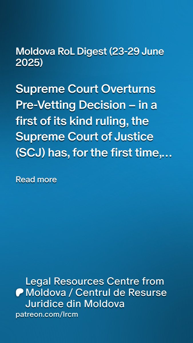 The SCJ overturned the Pre-Vetting rejection of Judge Ion Chirtoacă — a symbolic win, but one with reputational weight.

Meanwhile, Moldova’s top institutions appointed 5 old-new Constitutional Court judges. Political ties risk eroding public trust.

bit.ly/4krCGrm
