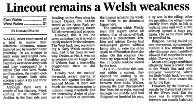 East Wales v West Wales (1992)

"...the 24,000 crowd at the Arms Park enjoyed an enterprising match full of movement and purpose."