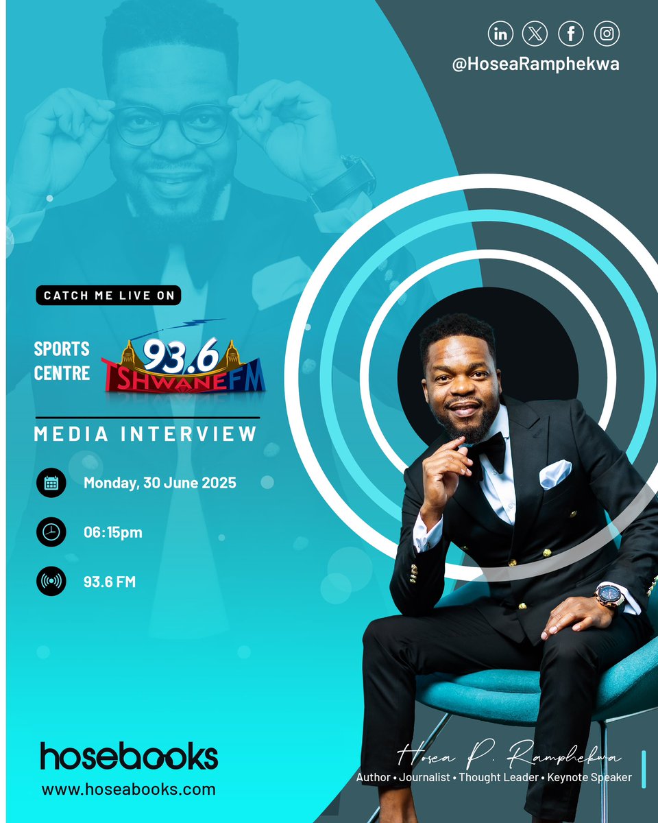 Good Evening 
📻 Radio Alert!
This evening at 18:15, I’ll be live on Tshwane FM discussing my book Pitso Mosimane: Cry Baby or Misunderstood Genius?
Join me on Sports Centre as I engage in conversation with JK Phale about the man, the myth, and the legend that is Pitso Mosimane.