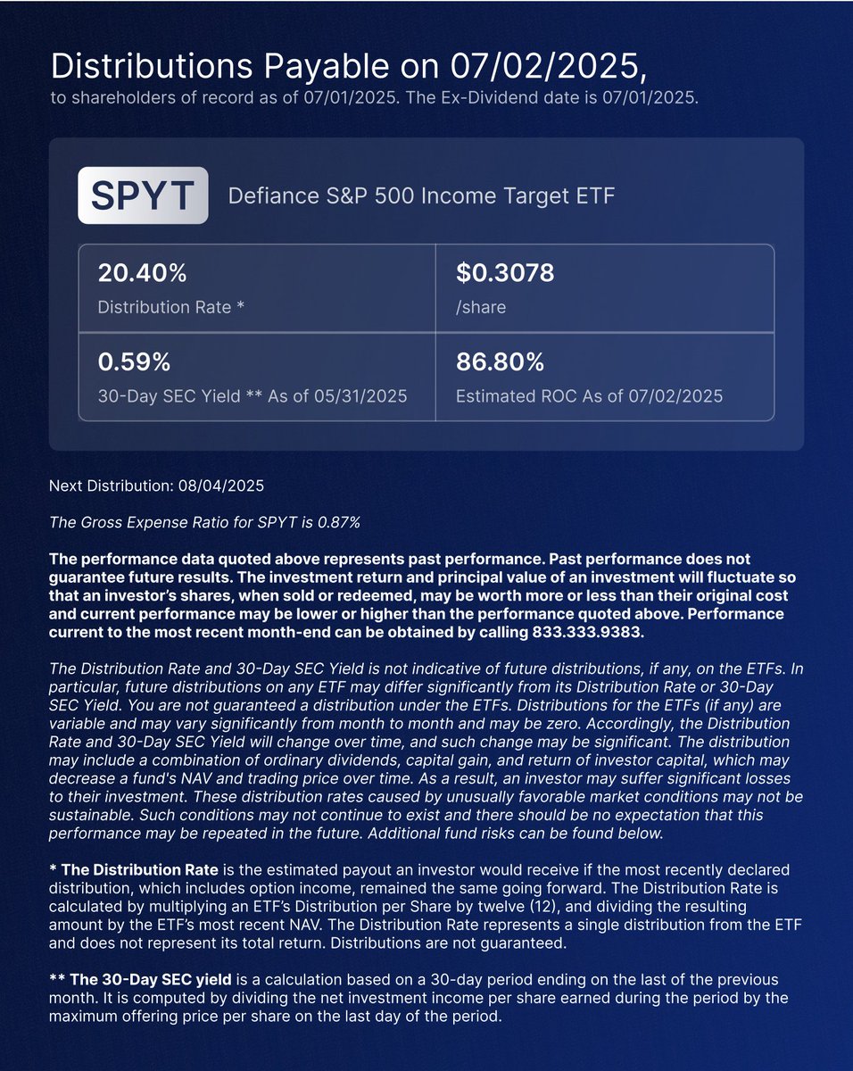 #DefianceETFs Announces Monthly Distribution on $SPYT (20.40%)

For standardized performance and other important information visit defianceetfs.com/spyt/#etfs-pag…. For the Prospectus visit defianceetfs.com/spyt/prospectus