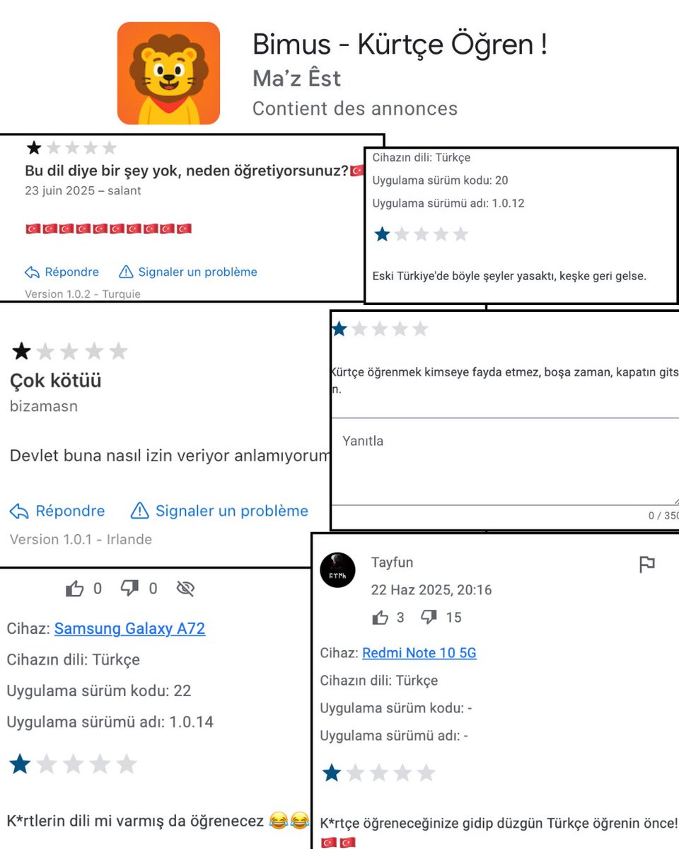 bimusapp's tweet photo. İşte Kürtçe dil uygulaması Bimus’un altına yazılan bazı yorumlar..

Kürtçe öğrenmek yasak mı? Kürtler kendi dillerini öğrenemez mi? Bimus’u sadece yüklemek bile bir suç mu?  #Bimus https://t.co/ilyN2gq8LE