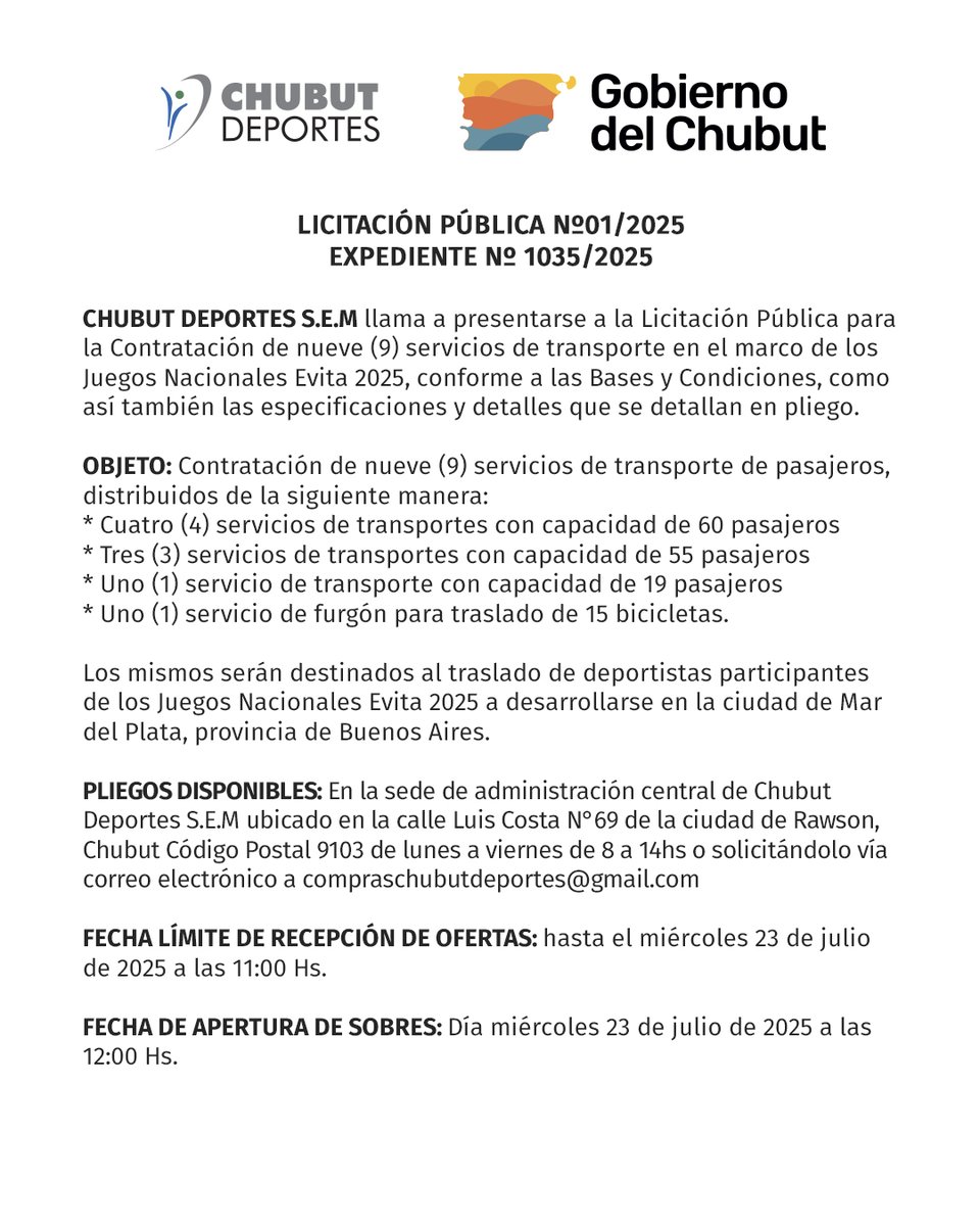 𝗟𝗜𝗖𝗜𝗧𝗔𝗖𝗜𝗢𝗡 𝗣𝗨𝗕𝗟𝗜𝗖𝗔 𝗡°𝟬𝟭/𝟮𝟬𝟮𝟱 𝗘𝗫𝗣𝗘𝗗𝗜𝗘𝗡𝗧𝗘 𝗡°𝟭𝟬𝟯𝟱/𝟮𝟬𝟮𝟱 #chubutdeportes