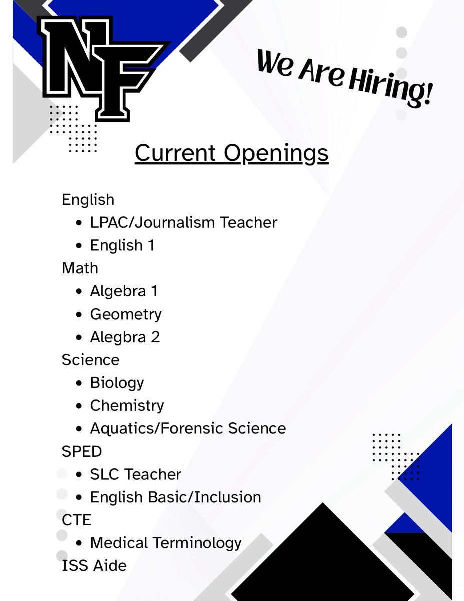 Taylor Jeffs (@taylor_jeffs) on Twitter photo The greatest high school in Northeast Texas has some openings!
Email your resume to drsmith@forneyisd.net if you’re interested!
<a href="/NFHS_TrueNorth/">North Forney HS</a> The greatest high school in Northeast Texas has some openings!
Email your resume to drsmith@forneyisd.net if you’re interested!
<a href="/NFHS_TrueNorth/">North Forney HS</a>